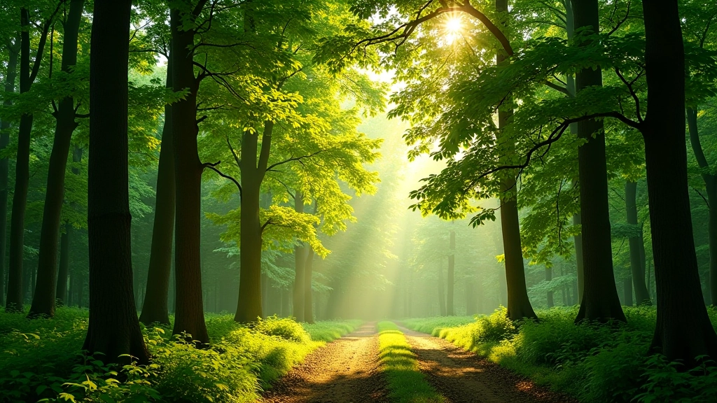 Žalia miško aplinka su šviesos pluoštais šilapiniu ir ramia atmosfera